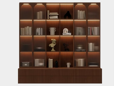 Modern Wooden Bookcase With Built-in Lighting And Multiple Compartments For Books And Decorative Items 3d model