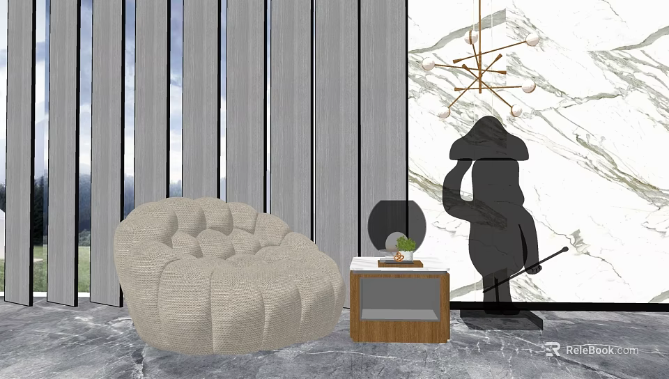 Beige Button Tufted Single Sofa With Side Table Green Plant Gray Striped Wall And Chandelier 3d model 