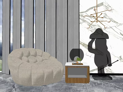 Beige Button Tufted Single Sofa With Side Table Green Plant Gray Striped Wall And Chandelier 3d model