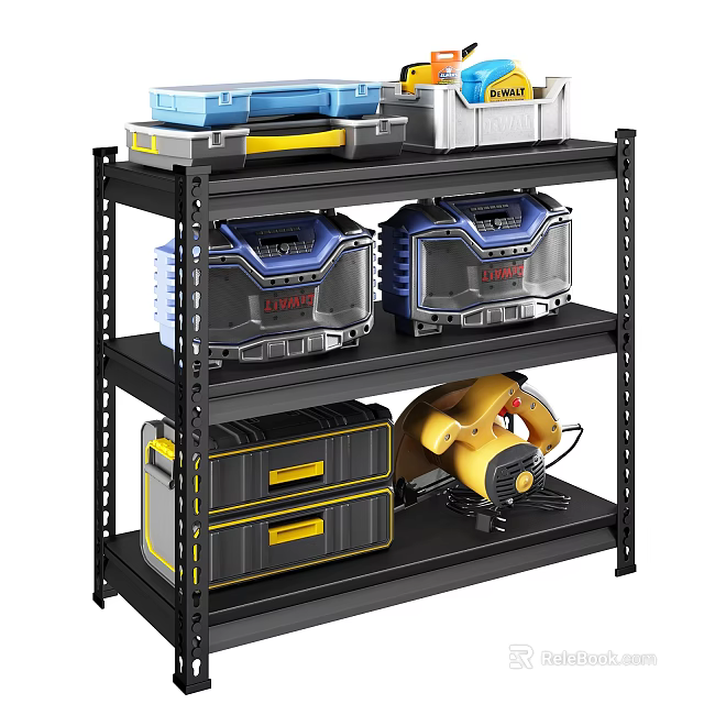 Metal Storage Shelf With Blue Toolboxes And Yellow Power Tools 3d model 