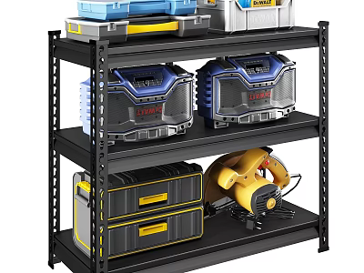 Metal Storage Shelf With Blue Toolboxes And Yellow Power Tools 3d model