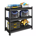 Metal Storage Shelf With Blue Toolboxes And Yellow Power Tools