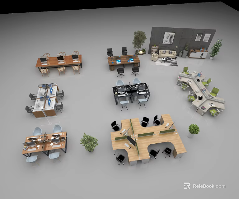 Modern Office Desk Designs With Ergonomic Chairs And Potted Plants 3d model 
