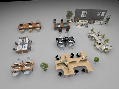 Modern Office Desk Designs With Ergonomic Chairs And Potted Plants 3d model