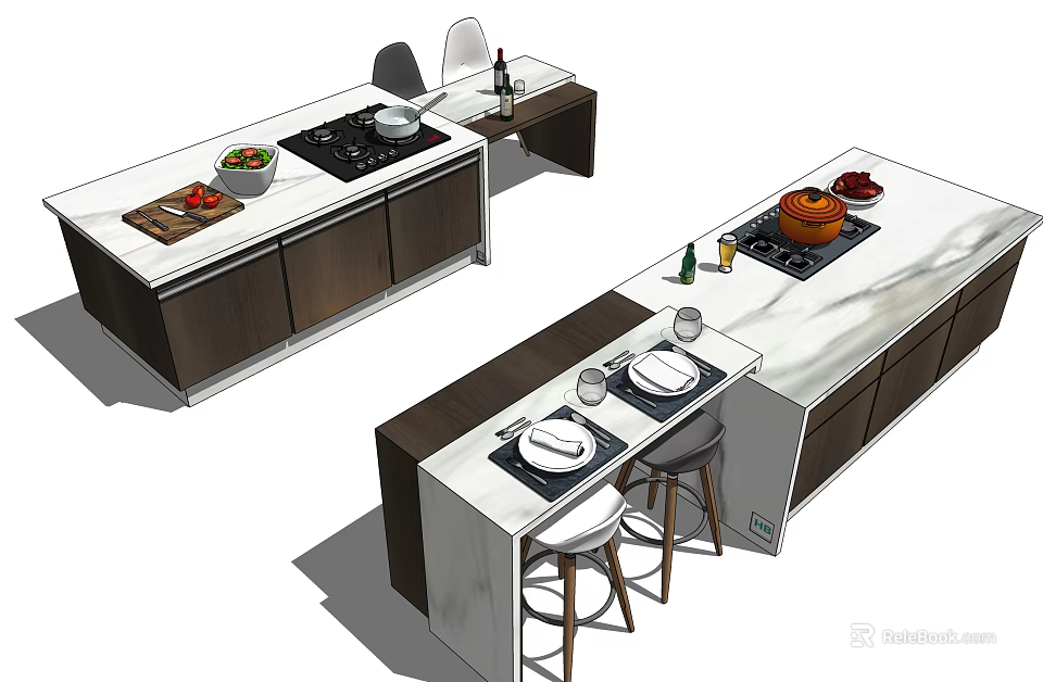 Modern Kitchen Cabinets With White Countertop Island Bar Stools And Tableware 3d model 