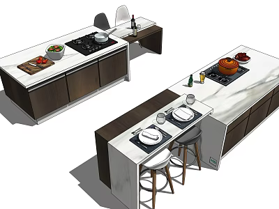 Modern Kitchen Cabinets With White Countertop Island Bar Stools And Tableware 3d model