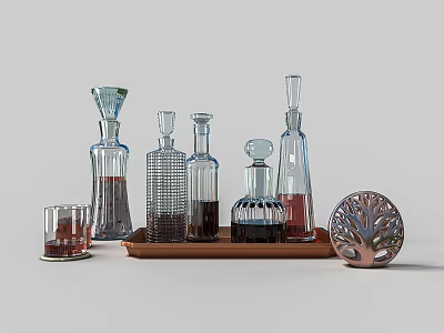 Elegant Wine Bottles and Glass on Wooden Tray with Decorative Tree Ornament 3d model