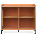 Modern Elegant Entryway Console Cabinet With Ribbed Glass Doors Open Shelves And Black Slim Legs