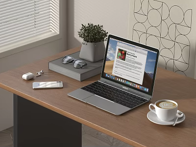 Open Silver Laptop on Wooden Desk with Coffee Mouse Notebook and Green Plant 3d model