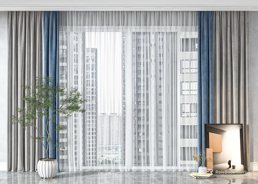 Gray And Blue Curtains With White Sheer For Living Room City View And Indoor Plants 3d model 