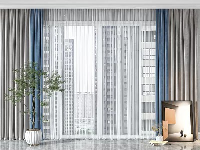 Gray And Blue Curtains With White Sheer For Living Room City View And Indoor Plants 3d model