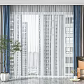 Gray And Blue Curtains With White Sheer For Living Room City View And Indoor Plants