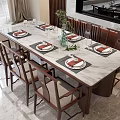 Modern Marble Top Dining Table Set With Upholstered Chairs And Place Settings 3d model