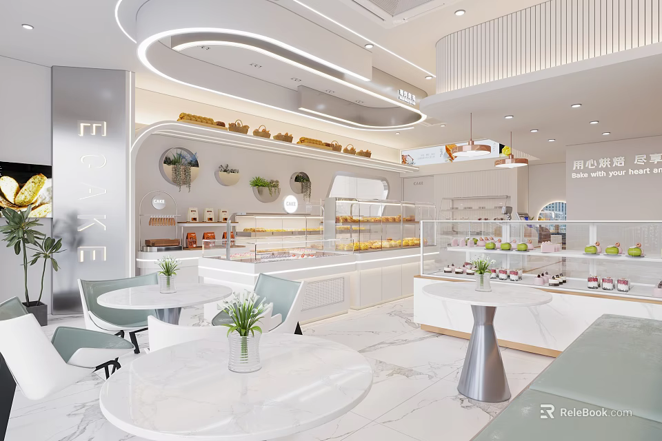 Modern Dessert Shop Interior With White Tables Displays And Greenery 3d model 
