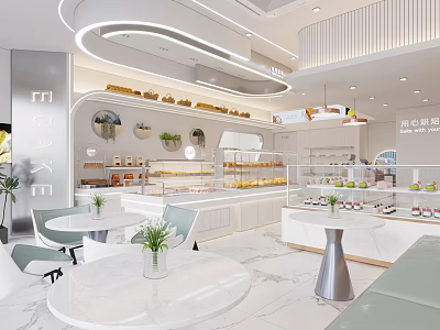 Modern Dessert Shop Interior With White Tables Displays And Greenery 3d model