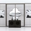 Chinese Traditional Room Divider Screen with Lattice Frame Cloud Shaped Mountain and Bird Patterns 3d model