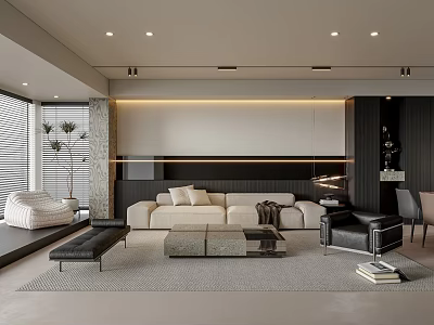 Modern Living Room With Beige Sofa Black Chair Gray Rug Floor-to-Ceiling Windows And Accent Lighting 3d model