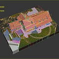 Architectural Model of Residential Buildings With Red Roofs Green Lawn and Pathway