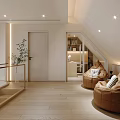 Cozy Attic Space With Brown Round Sofas Bookshelves TV And Green Plant