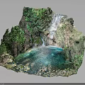 Natural Garden Landscape With Rockery Waterfall Turquoise Pool And Green Vegetation