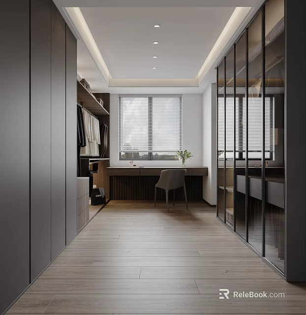 Elegant Modern Walk-in Closet Interior With Glass Door Cabinets And Soft Lighting Design 3d model 