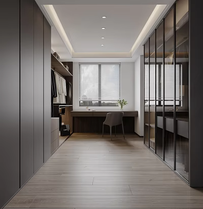 Elegant Modern Walk-in Closet Interior With Glass Door Cabinets And Soft Lighting Design 3d model
