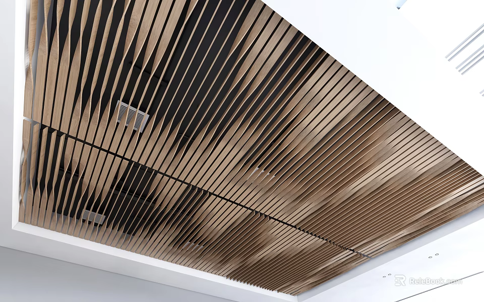 Modern Ceiling Design With Striped Wooden Panels 3d model 