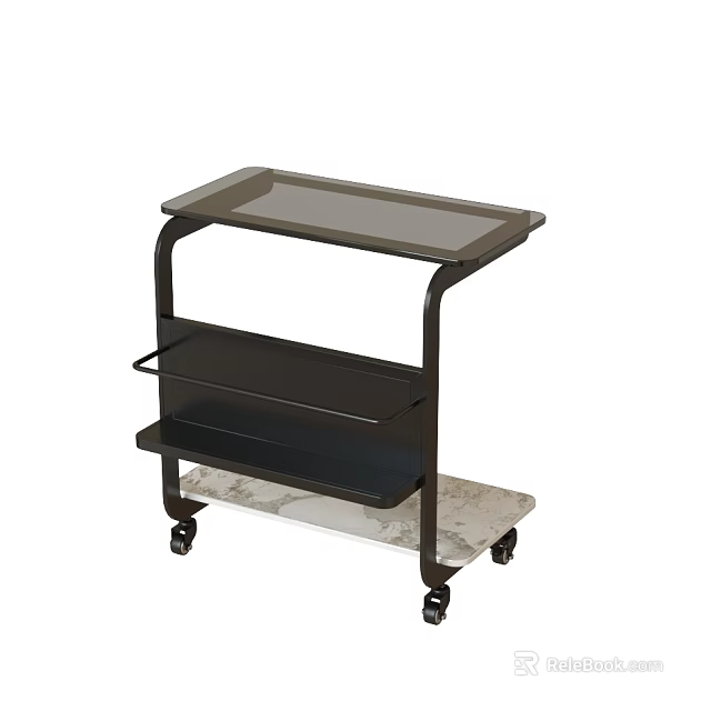 Modern Wheeled Side Table With Glass Top Black Metal Frame And Marble Tray 3d model 