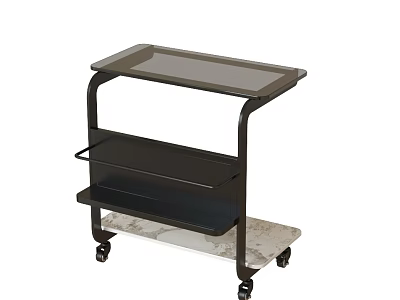 Modern Wheeled Side Table With Glass Top Black Metal Frame And Marble Tray 3d model