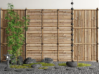 Stepping Stones Path in Zen Garden with Bamboo Fence Mossy Stones and Stone Lantern 3d model