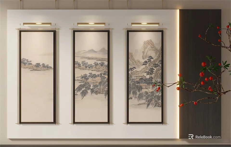 Traditional Chinese Landscape Paintings Hanging on White Wall with Mountains Trees and Red Berries Branch 3d model 