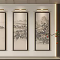 Traditional Chinese Landscape Paintings Hanging on White Wall with Mountains Trees and Red Berries Branch