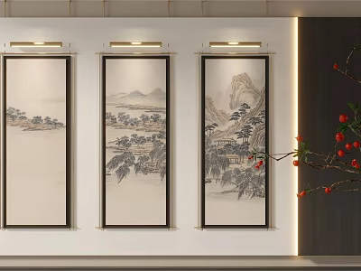 Traditional Chinese Landscape Paintings Hanging on White Wall with Mountains Trees and Red Berries Branch 3d model