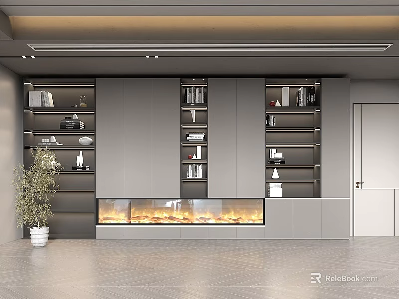 Modern Grey Bookcase with Central Fireplace and Side Plant Interior Design 3d model