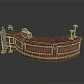 Classic Wooden Curved Reception Desk With Decorative Lamps And Office Accessories