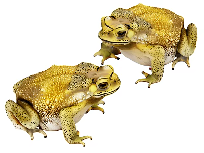 Two Yellow Spotted Toads With Bumpy Skin Standing On White Background 3d model