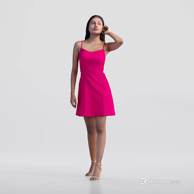 Woman in pink spaghetti strap dress standing against gray background touching head in high heels 3d model 