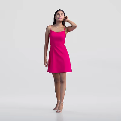 Woman in pink spaghetti strap dress standing against gray background touching head in high heels 3d model
