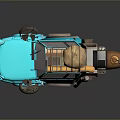 Stylized Blue Cartoon Car With Roof Items Yellow Pipes And Brass Parts