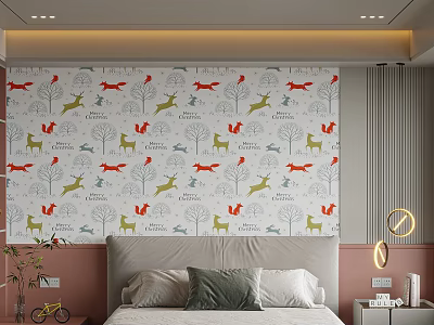 Bed Accent Wall With Animal Pattern Wallpaper In Modern Bedroom 3d model