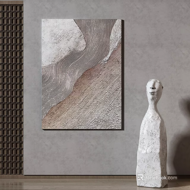 Abstract Textured Wall Art With White Sculpture And Grid Pattern On Gray Wall 3d model