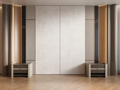 Modern Elegant Interior Design With Background Wall Perforated Screens Nightstands And Wooden Floor 3d model