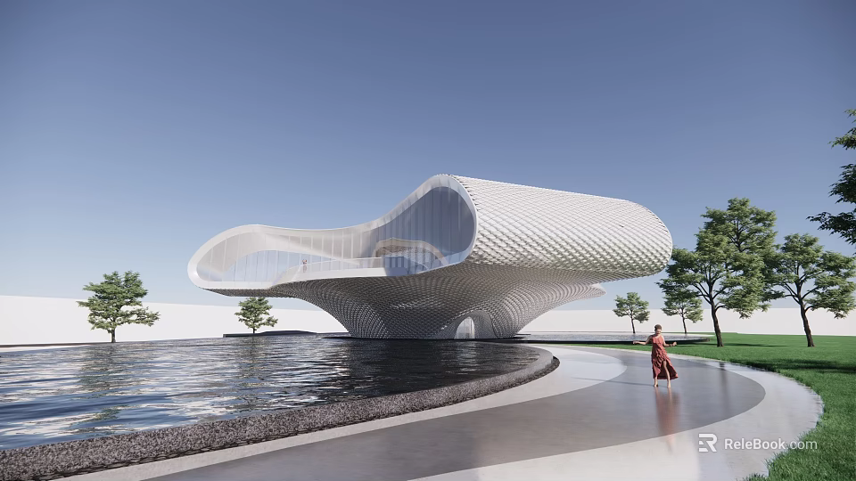 Modern Curved White Architectural Building With Waterfront Landscape Trees And Pedestrian Walkway 3d model 