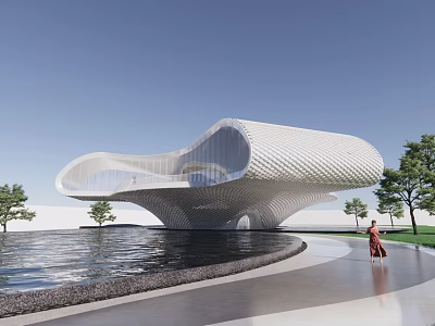 Modern Curved White Architectural Building With Waterfront Landscape Trees And Pedestrian Walkway 3d model
