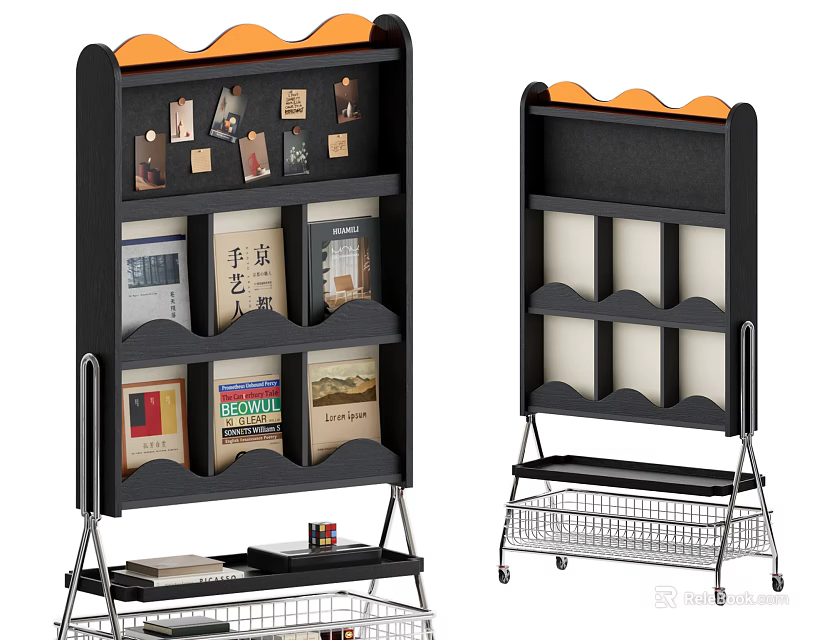 Stylish Bookshelf With Wavy Decorative Top Multiple Display Shelves And Rolling Wheels 3d model