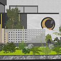 Outdoor Scenic Wall With Circular Decoration Chinese Character Jia Green Plants Lawn And Spherical Lights