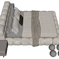 Modern Upholstered Double Bed in Light Gray with Nightstands Dark Pillow Blanket Round Decor Items