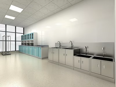 Modern Laboratory Interior With Large Windows Blue White Cabinets And Stainless Steel Sinks 3d model