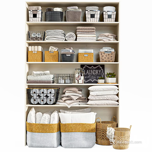 Storage Shelf Unit with Folded Towels Baskets Laundry Sign and Potted Plant 3d model 
