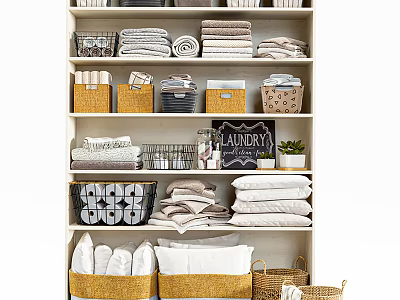 Storage Shelf Unit with Folded Towels Baskets Laundry Sign and Potted Plant 3d model